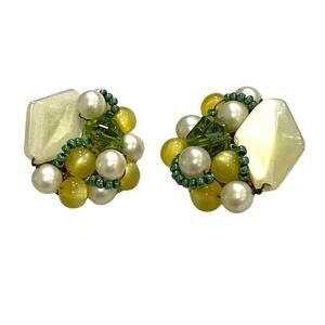 Vintage Mid Century Clip On Earrings Pearl Yellow Chartreuse Green Bead Clusters